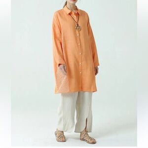 BUYKUD Women Linen Patchwork Plaid Long Sleeve Shirt Size XL Color Orange